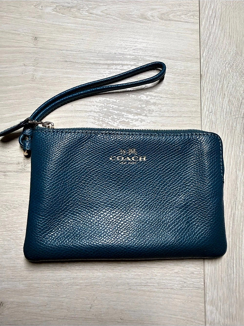 Coach Teal Blue Textured Wristlet Zip Pouch F54626